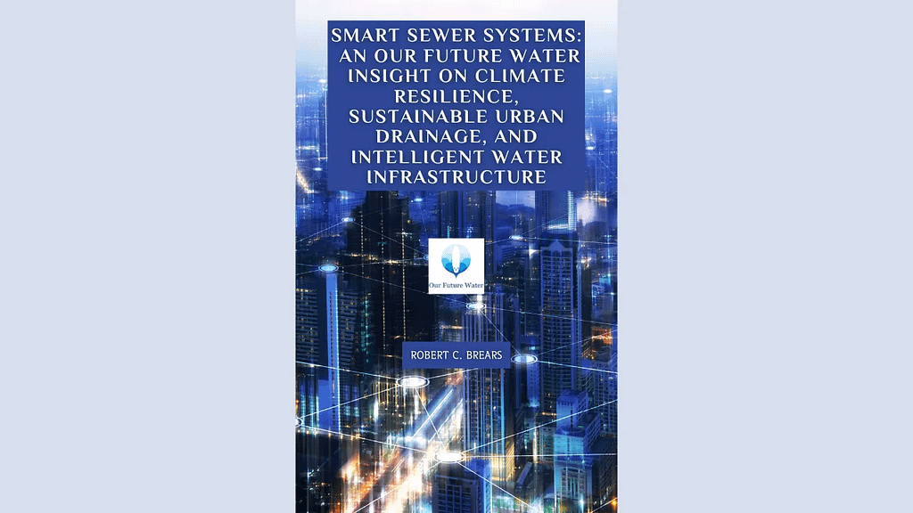Book cover of “Smart Sewer Systems: An Our Future Water Insight on Climate Resilience, Sustainable Urban Drainage, and Intelligent Water Infrastructure” by Robert C. Brears, featuring a cityscape at night.