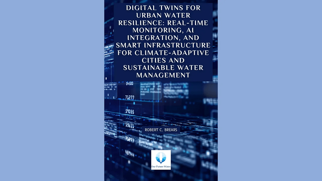 Book cover of “Digital Twins for Urban Water Resilience: Real-Time Monitoring, AI Integration, and Smart Infrastructure for Climate-Adaptive Cities and Sustainable Water Management” by Robert C. Brears, featuring a digital cityscape with data overlays.