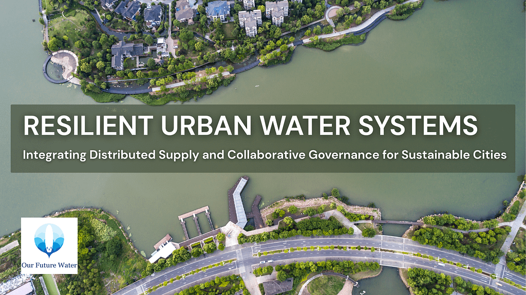 Aerial view of an urban water system integrating waterways, green infrastructure, and surrounding residential development.