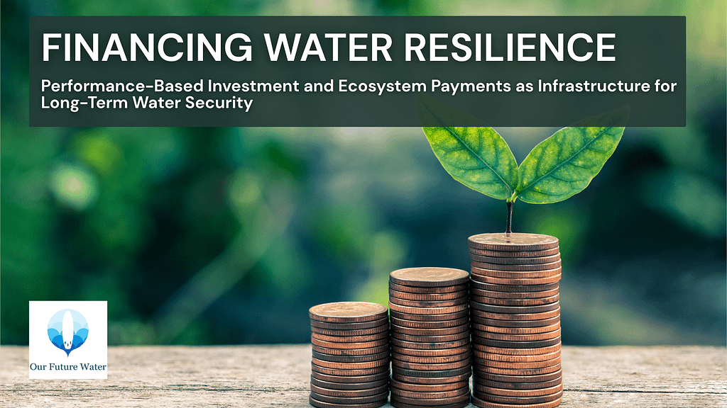 Stacked coins with a green plant representing sustainable finance, environmental investment, and water resilience