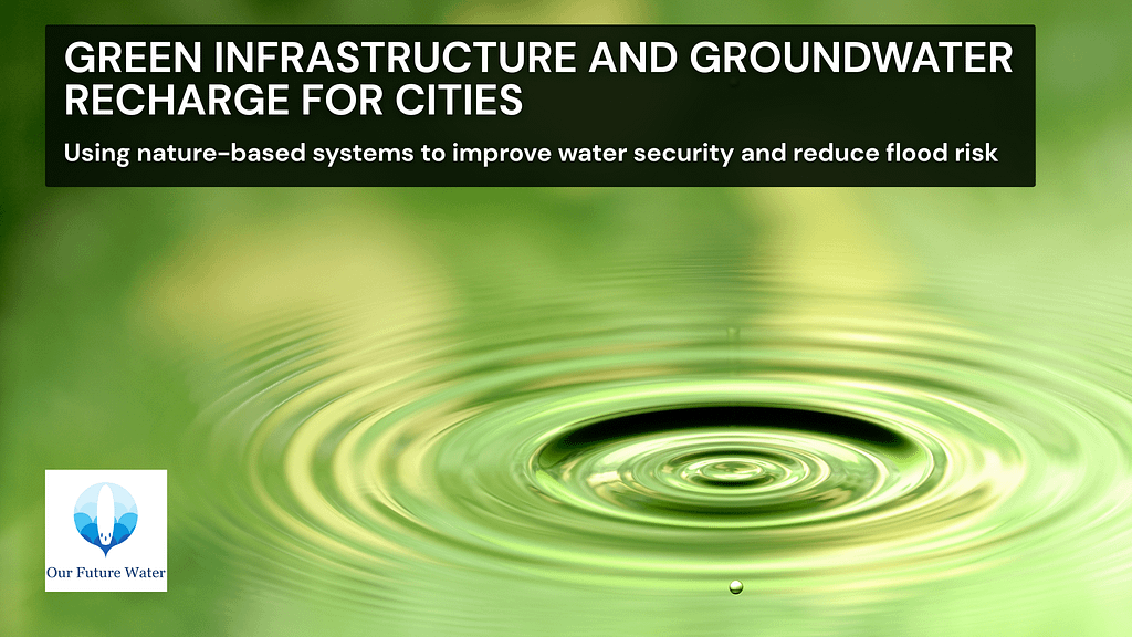 Banner image showing water ripples with text about green infrastructure and groundwater recharge for cities to improve water security and reduce flood risk.