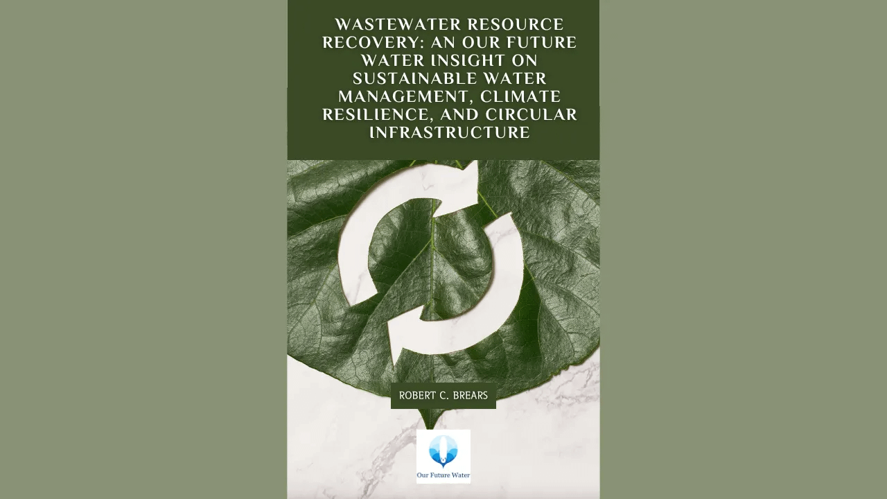 Book cover of “Wastewater Resource Recovery: An Our Future Water Insight on Sustainable Water Management, Climate Resilience, and Circular Infrastructure” by Robert C. Brears, featuring a circular arrows symbol over a green leaf background.