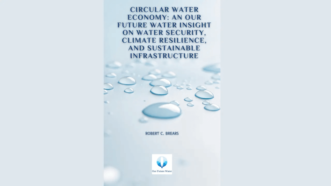 Book cover of “Circular Water Economy: An Our Future Water Insight on Water Security, Climate Resilience, and Sustainable Infrastructure” by Robert C. Brears, featuring water droplets on a light blue background.