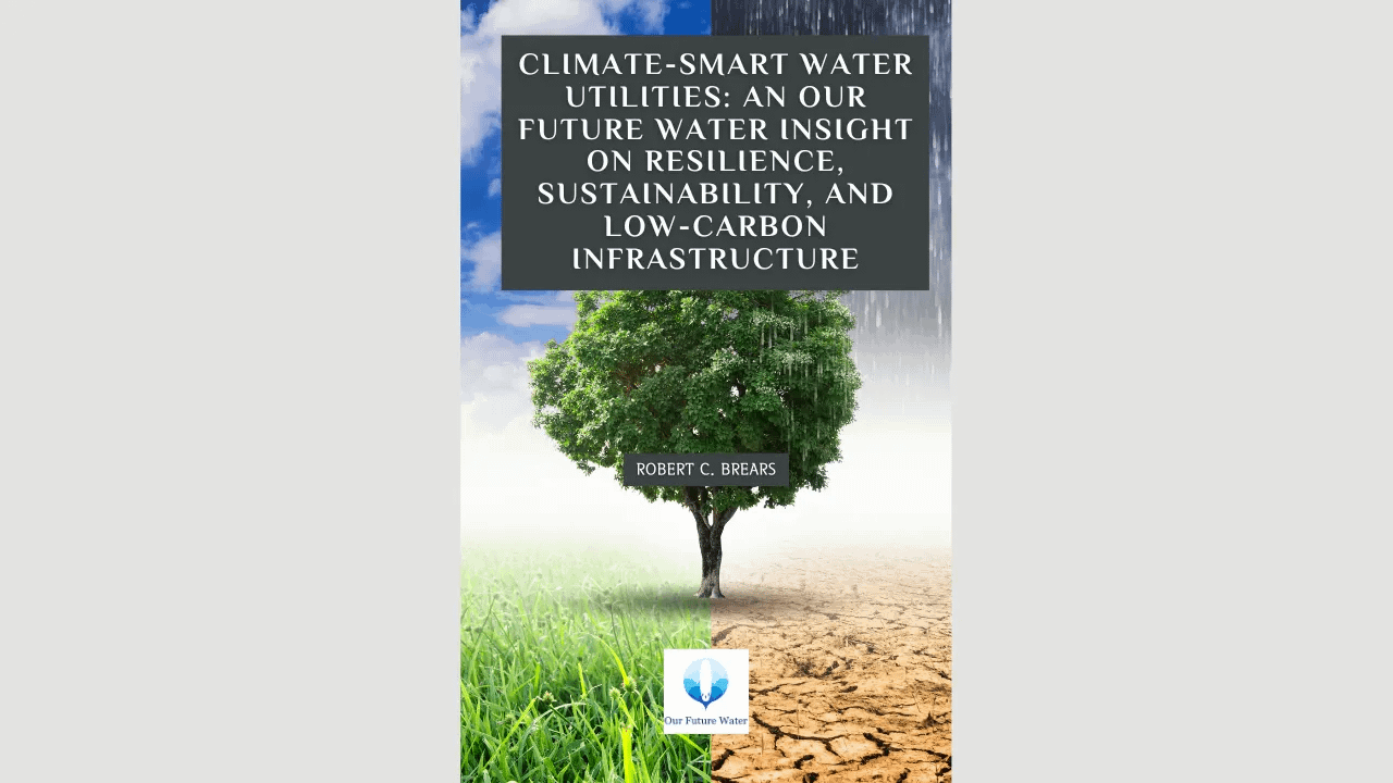 Book cover of “Climate-Smart Water Utilities: An Our Future Water Insight on Resilience, Sustainability, and Low-Carbon Infrastructure” by Robert C. Brears, featuring a green tree with contrasting rain and drought backgrounds.