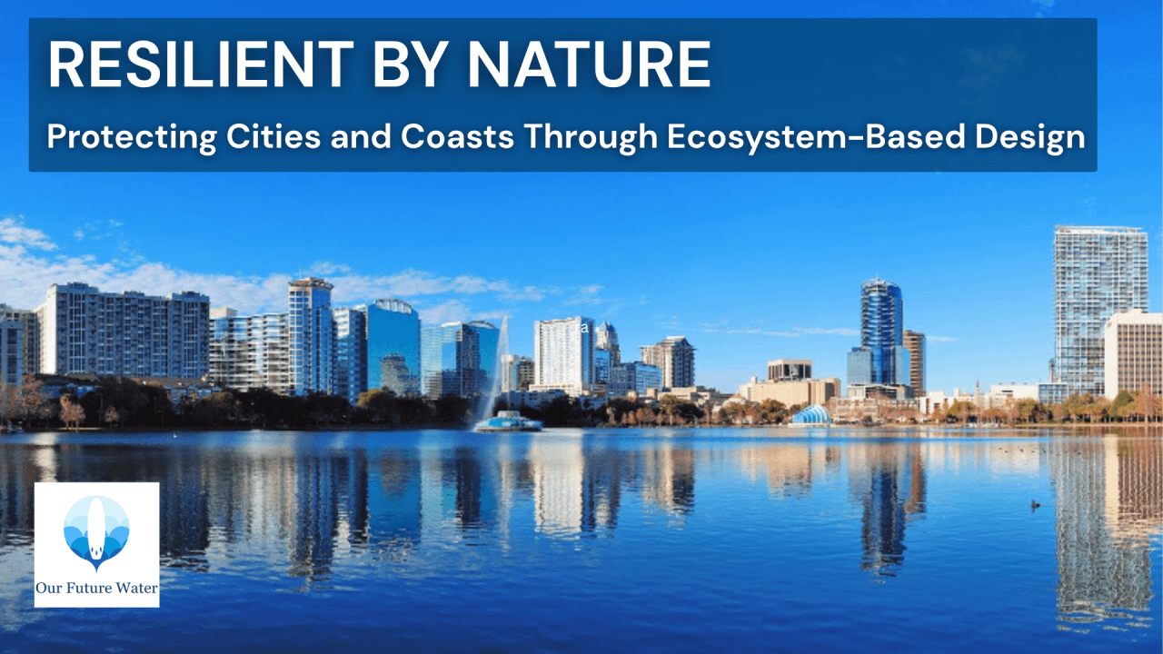 Skyline and waterfront reflecting city buildings, symbolizing resilient coastal cities protected through ecosystem-based design.