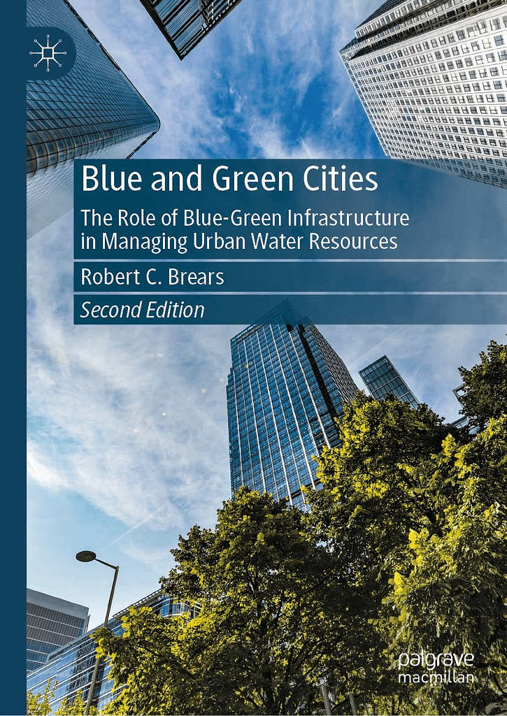 Book cover showing modern city skyline with greenery illustrating blue-green infrastructure for sustainable urban water management